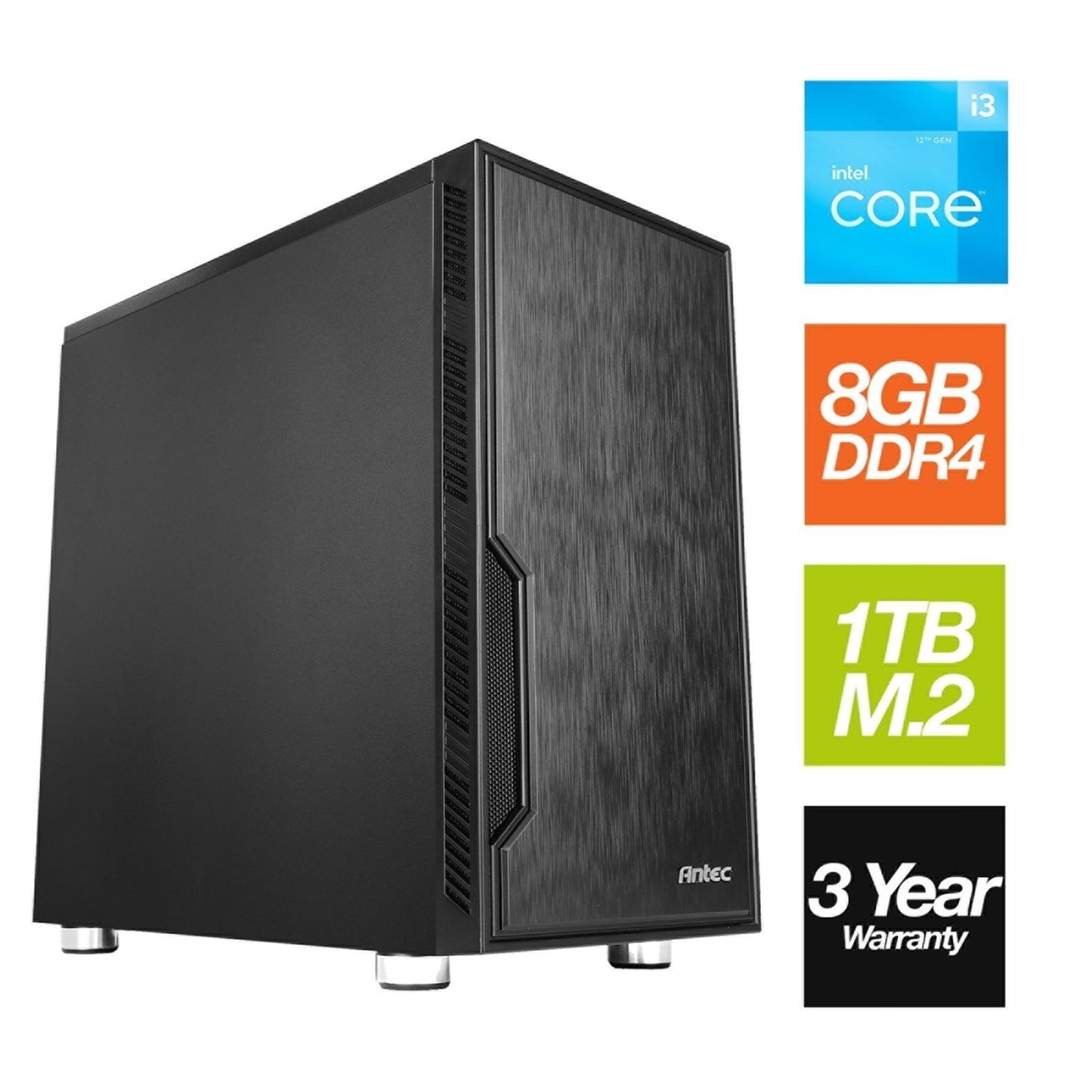 Intel i3 12100 Quad Core 8 Thread 3.30GHz (4.30GHz Boost), 8GB Kingston RAM, 1TB Kingston NVMe M.2, Antec VSK Chassis - Pre-Built PC-PCR Business Solutions Ltd