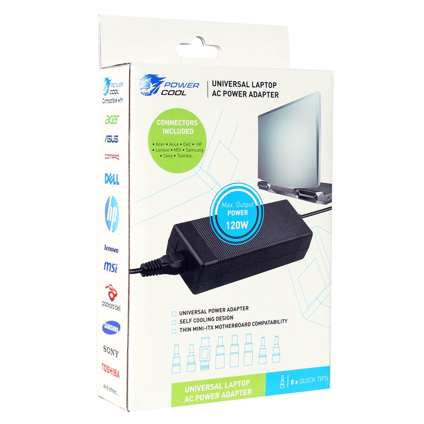 Powercool 120W 19.5V 6.15A Universal Laptop AC Adapter - Charger With 8 TIPS-PCR Business Solutions Ltd