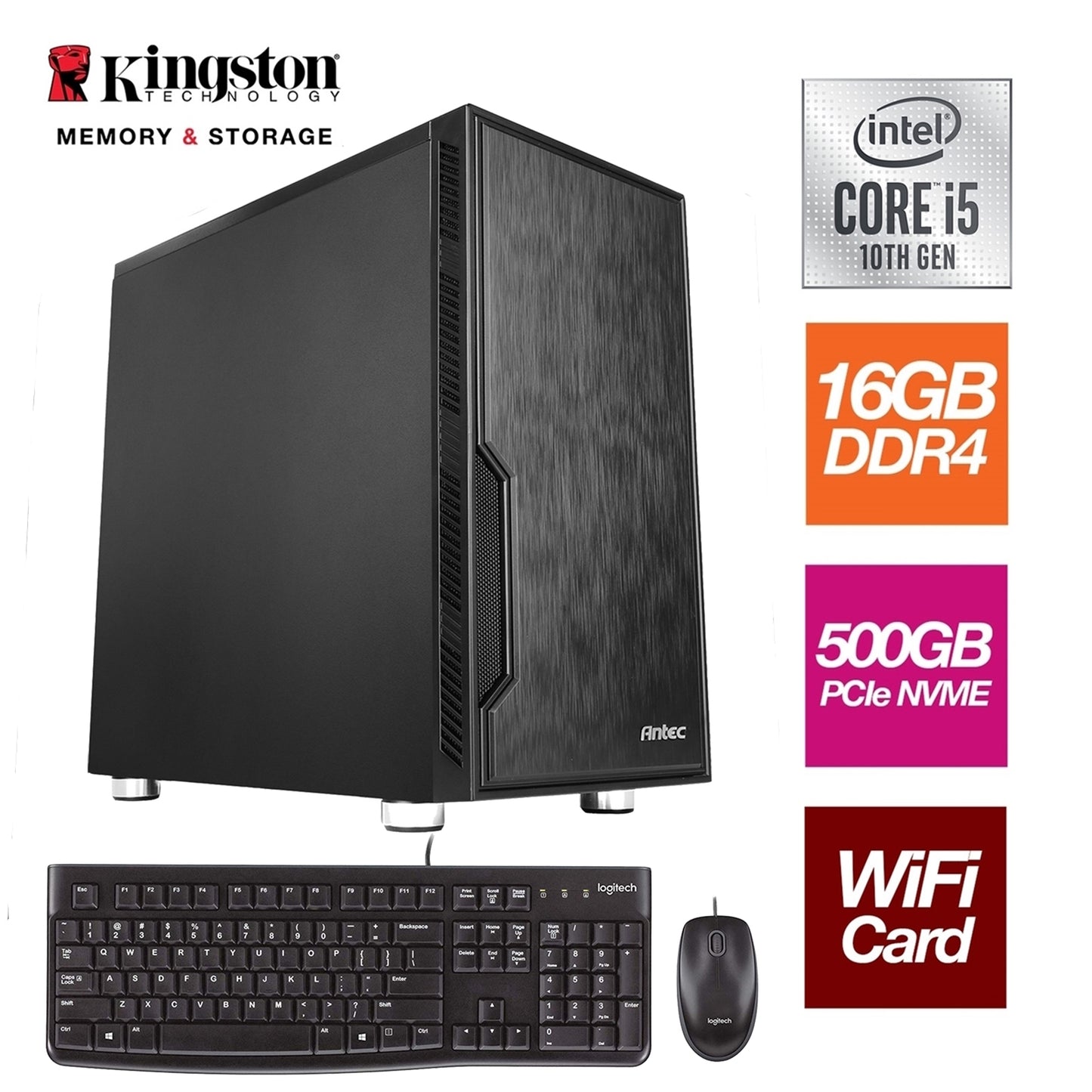 Intel i5-10400 6 Core 12 Threads 2.90GHz (4.30GHz Boost) CPU, 16GB Kingston DDR4 RAM, 500GB Kingston NVMe M.2, Antec VSK Chassis, Wi-Fi 6 + Bluetooth, FREE Keyboard & Mouse - Pre-Built PC-PCR Business Solutions Ltd