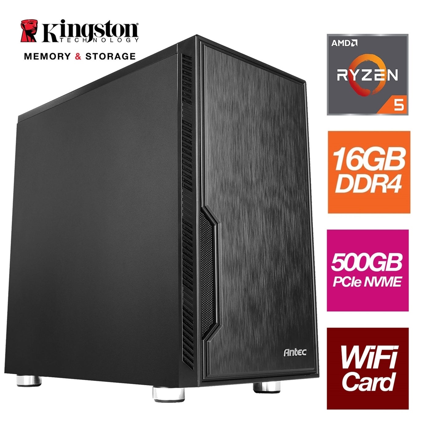 AMD Ryzen 7 5700G 8 Core 16 Threads 3.80GHz (4.60GHz Boost) 16GB Kingston DDR4 RAM, 500GB Kingston NVMe, with Wi-Fi 6 Card - Stylish Black Antec Case - Pre-Built System-PCR Business Solutions Ltd