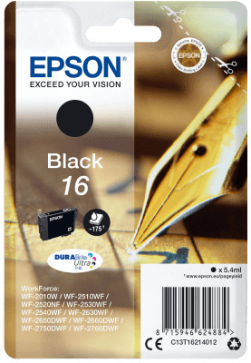 Epson Singlepack Black 16 DURABrite Ultra Ink Cartridge C13T16214012-PCR Business Solutions Ltd