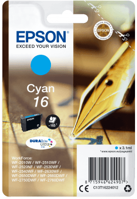 Epson Singlepack Cyan 16 DURABrite Ultra Ink Cartridge C13T16224012-PCR Business Solutions Ltd