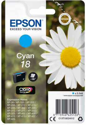 Epson Singlepack Cyan 18 Claria Home Ink C13T18024012-PCR Business Solutions Ltd