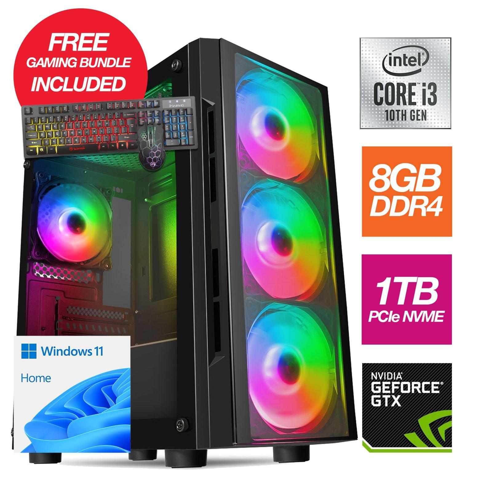 RGB Gaming System - Intel i3 10100F Quad Core 8 Thread 3.60GHz (4.30GHz Boost), 8GB RAM, 1TB NVMe M.2, GTX1650 4GB Graphics card, Windows 11 Home, with FREE Gaming Keyboard & Mouse Bundle - Pre-Built PC-PCR Business Solutions Ltd