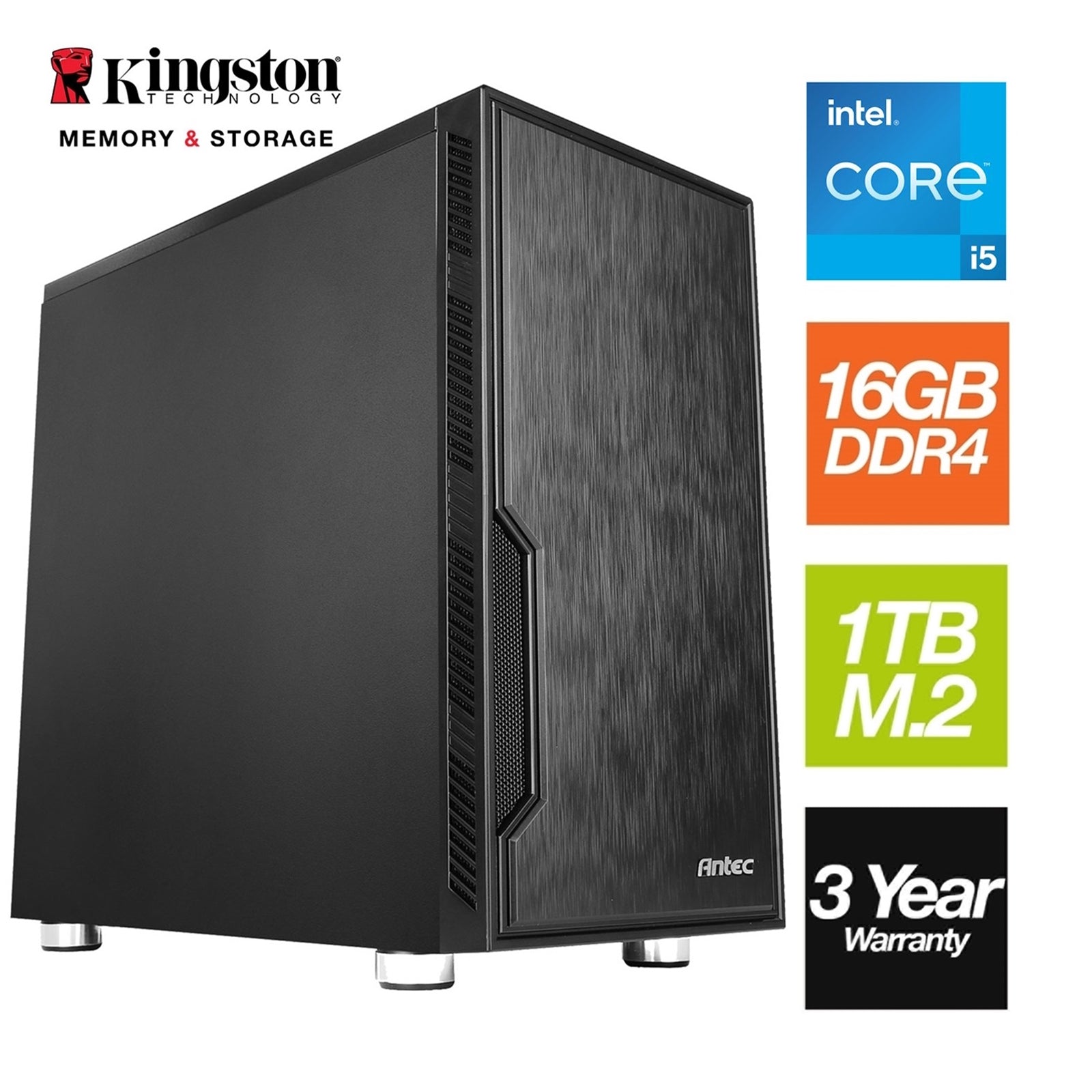 Intel i5 12400 6 Core 12 Thread 2.50GHz (4.40GHz Boost), 16GB Kingston RAM, 1TB Kingston NVMe M.2, WiFi 6 + BT 5.2 - Antec VSK Chassis - Pre-Built PC-PCR Business Solutions Ltd