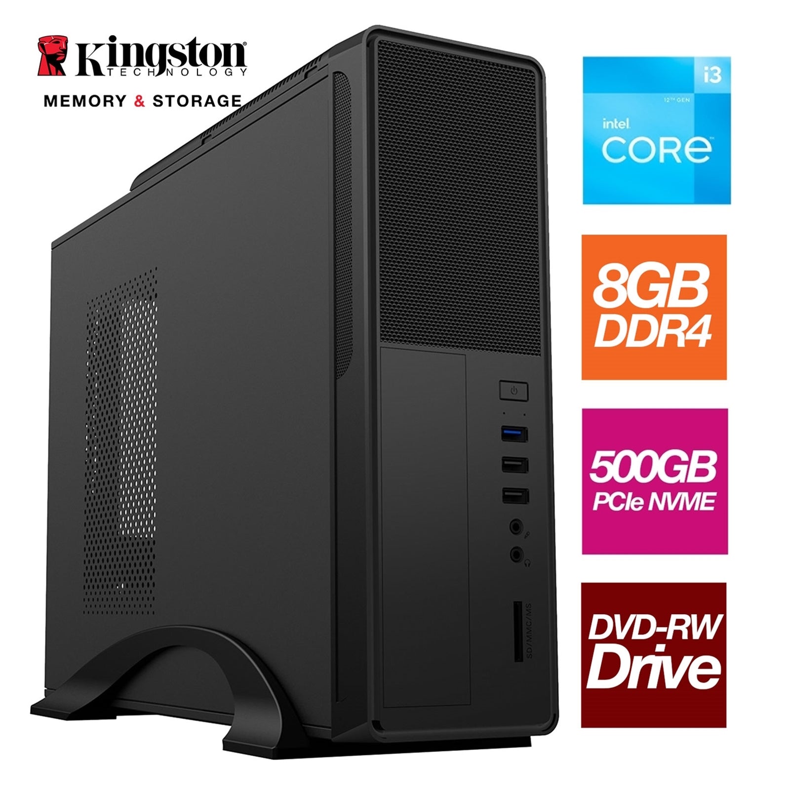 Small Form Factor - Intel i3 12100 4 Core 8 Thread 3.30GHz (4.30GHz Boost), 8GB Kingston RAM, 500GB Kingston NVMe M.2 - DVDRW, Wi-Fi, - Small Foot Print for Home or Office Use - Pre-Built PC-PCR Business Solutions Ltd