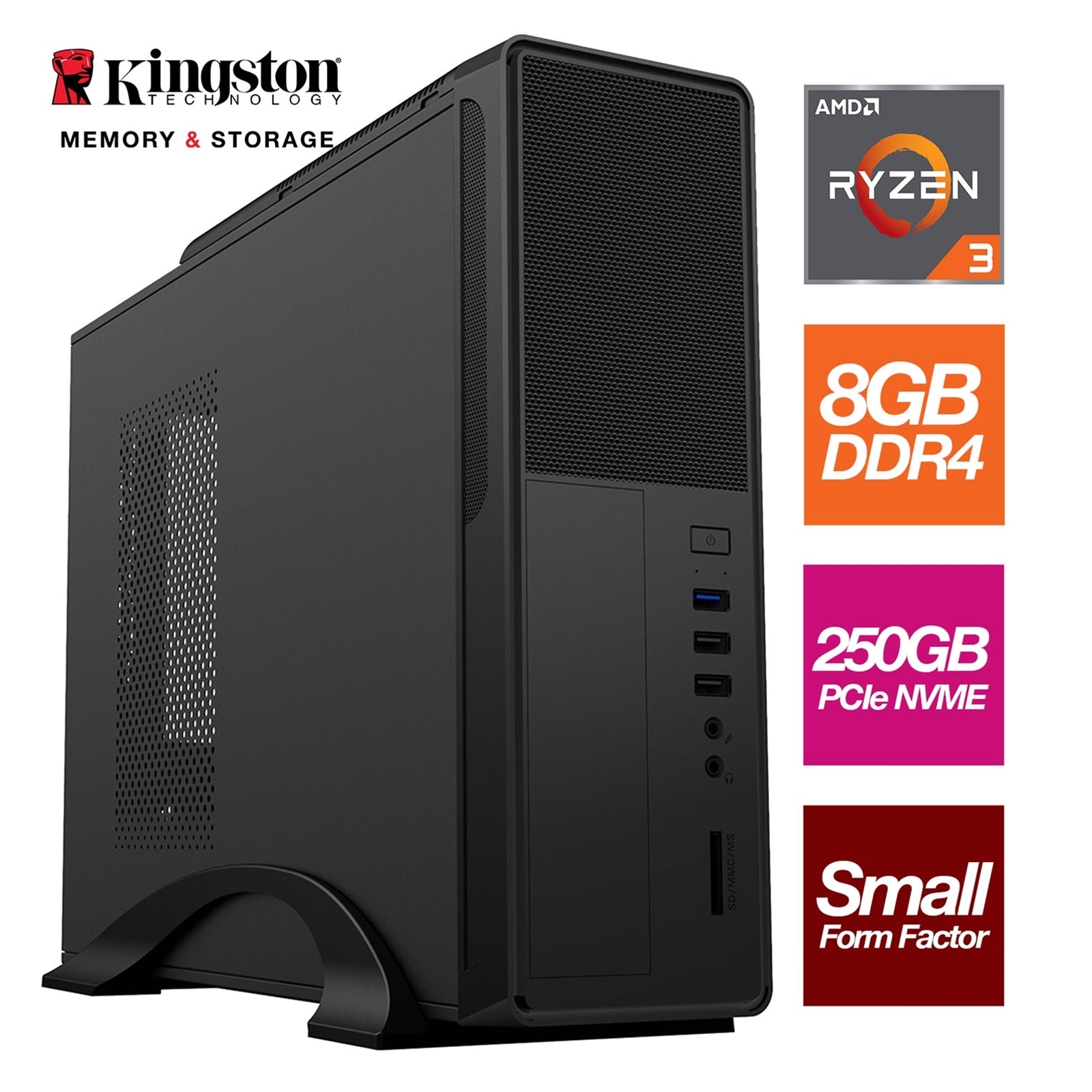 AMD Ryzen 3 3200G 4 Core 8 Threads 3.60GHz (4.00GHz Boost) 8GB Kingston DDR4 RAM, 250GB Kingston NVMe, - Small Form Factor Case - Pre-Built System-PCR Business Solutions Ltd