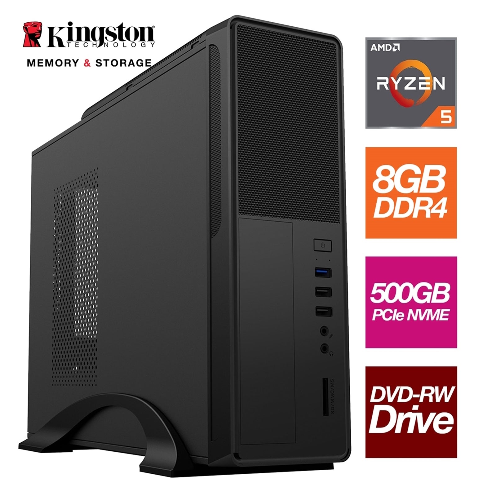 AMD Ryzen 5 4600G 6 Core 12 Threads 3.70GHz (4.20GHz Boost) 8GB Kingston DDR4 RAM, 500GB Kingston NVMe, DVDRW, WiFi - Small Form Factor Case - Pre-Built System-PCR Business Solutions Ltd