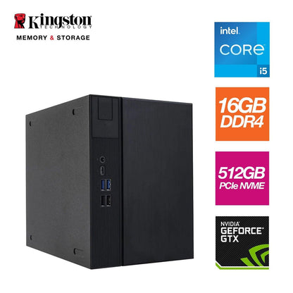 Small Form Desk Meet, Intel i5 13400F 10 Core 16 Thread 2.5GHz (4.6GHz Boost), 16GB Kingston RAM, 512GB Kingston NVMe M.2, 80 Cert PSU GTX1650 4GB Graphics - Prebuilt System-PCR Business Solutions Ltd