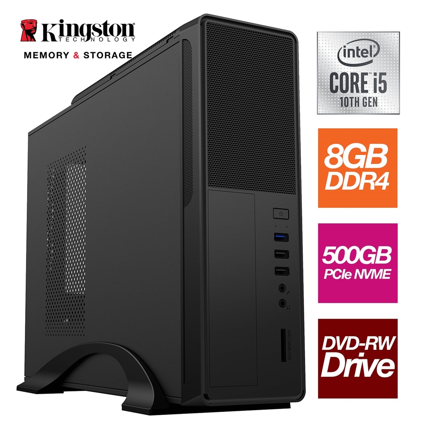 Small Form Factor - Intel i5 10400 6 Core 12 Thread 2.90GHz (4.30GHz Boost), 8GB Kingston RAM, 500GB Kingston NVMe M.2 - DVDRW, Wi-Fi, FREE Keyboard & Mouse - Small Foot Print for Home or Office Use - Pre-Built PC-PCR Business Solutions Ltd