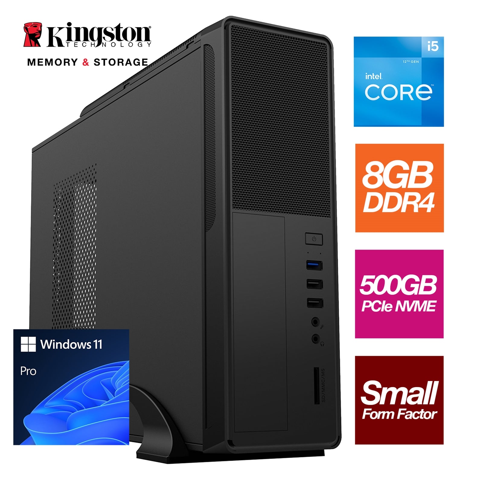 Small Form Factor - Intel i5 12400 6 Core 12 Threads 2.50GHz (4.40GHz Boost), 8GB Kingston RAM, 500GB Kingston NVMe M.2,DVDRW Optical, with Windows 11 Pro Installed - Small Foot Print for Home or Office Use - Pre-Built PC-PCR Business Solutions Ltd